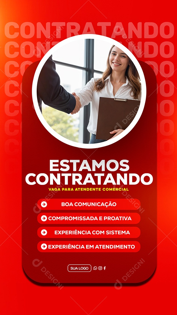 Story Estamos Contratando Vaga para Atendente Comercial Vermelho Social Media PSD Editável