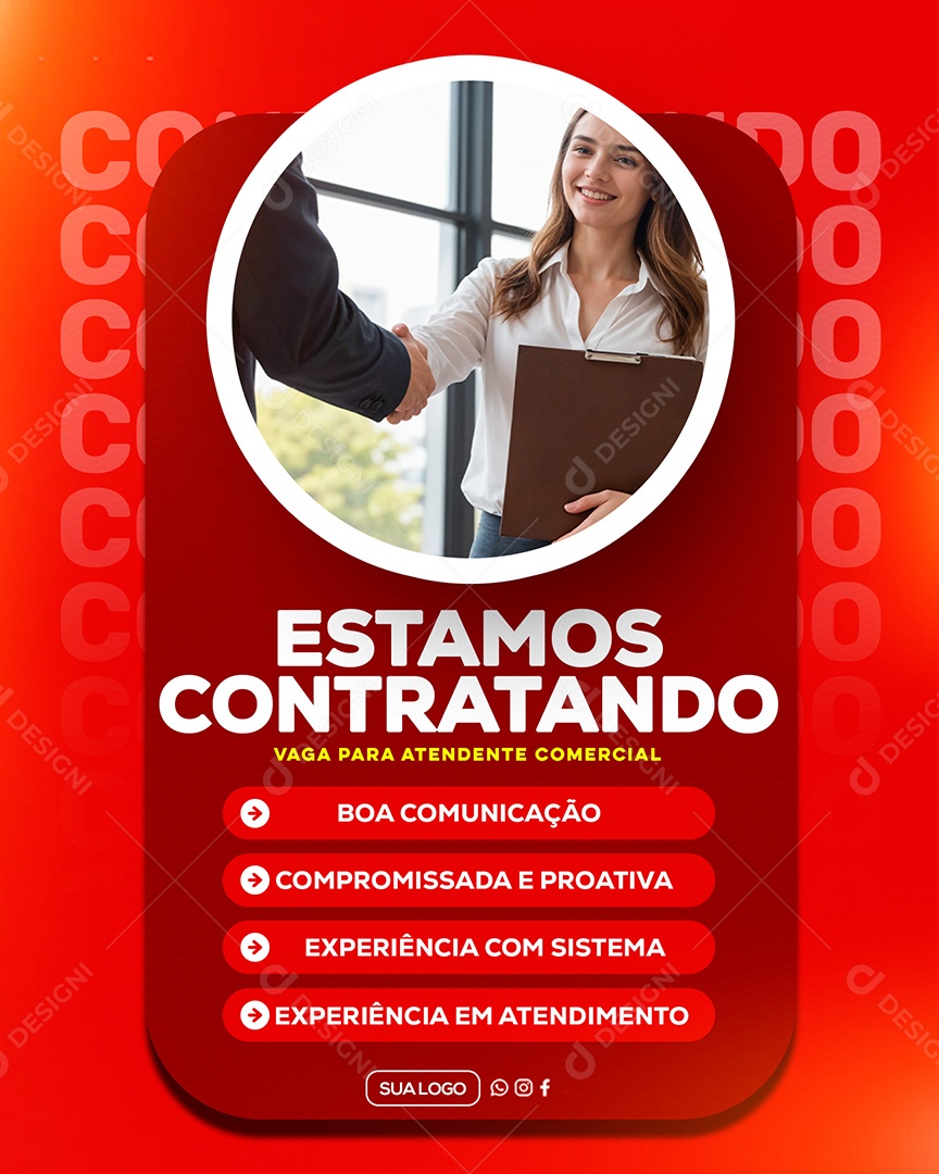 Estamos Contratando Vaga para Atendente Comercial Vermelho Social Media PSD Editável