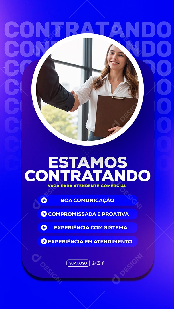 Story Estamos Contratando Vaga para Atendente Comercial Azul Social Media PSD Editável