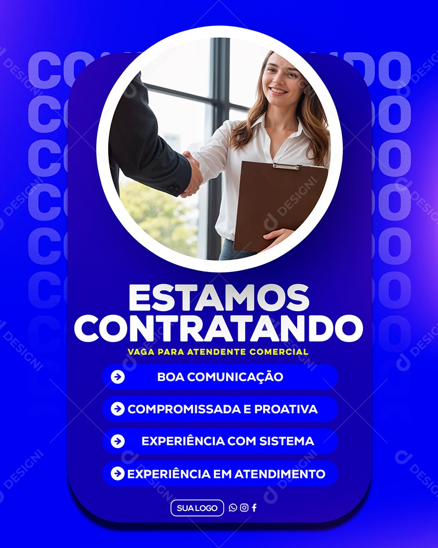 Estamos Contratando Vaga para Atendente Comercial Azul Social Media PSD Editável