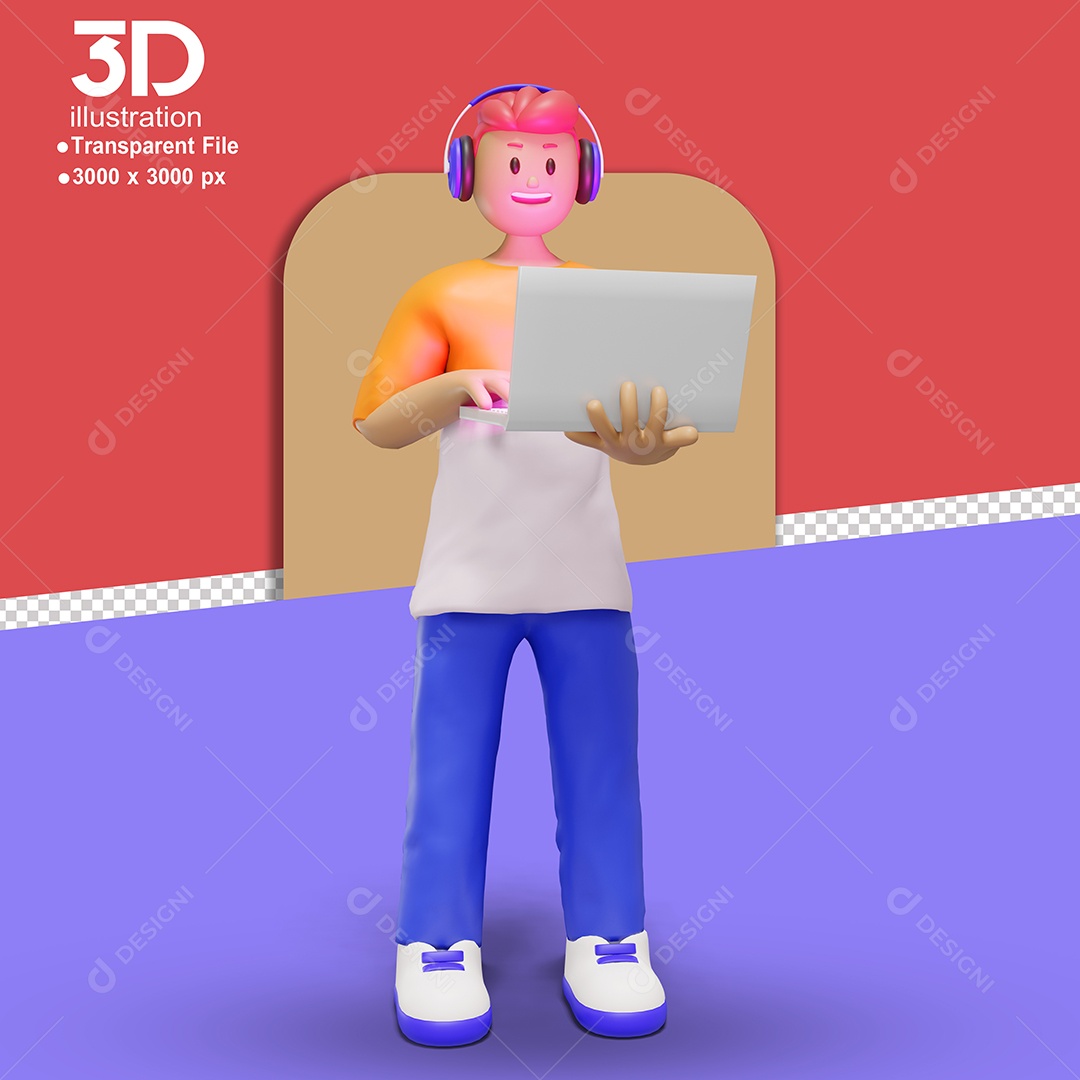 Personagem Mexendo em Notebook Elemento 3D para Composição PSD