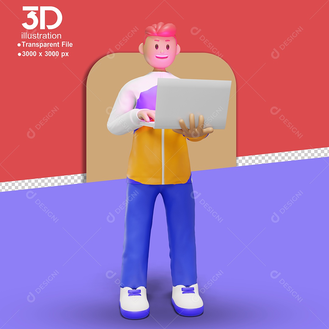 Personagem Feliz Mexendo em Notebook Elemento 3D para Composição PSD