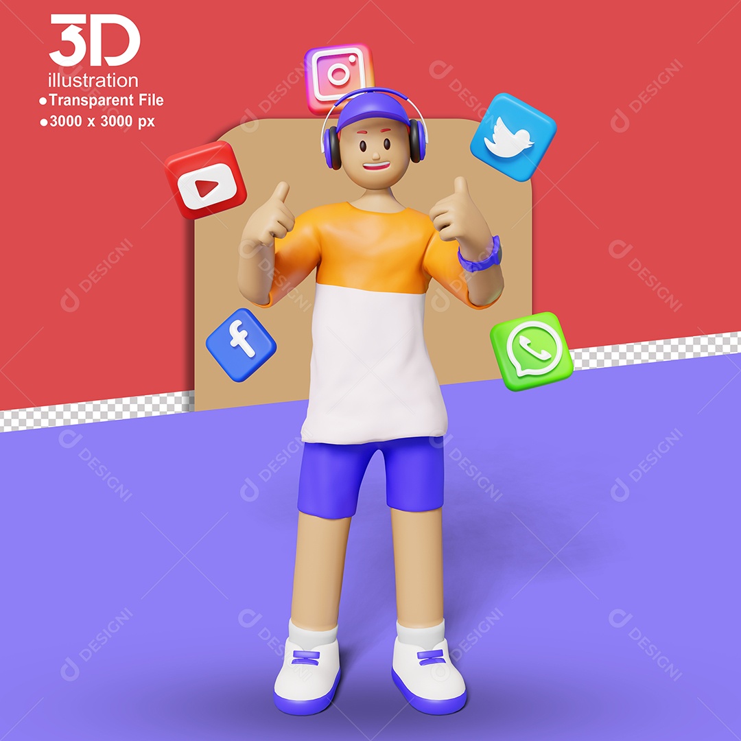 Personagem Com Ícones de Redes Sociais Elemento 3D para Composição PSD