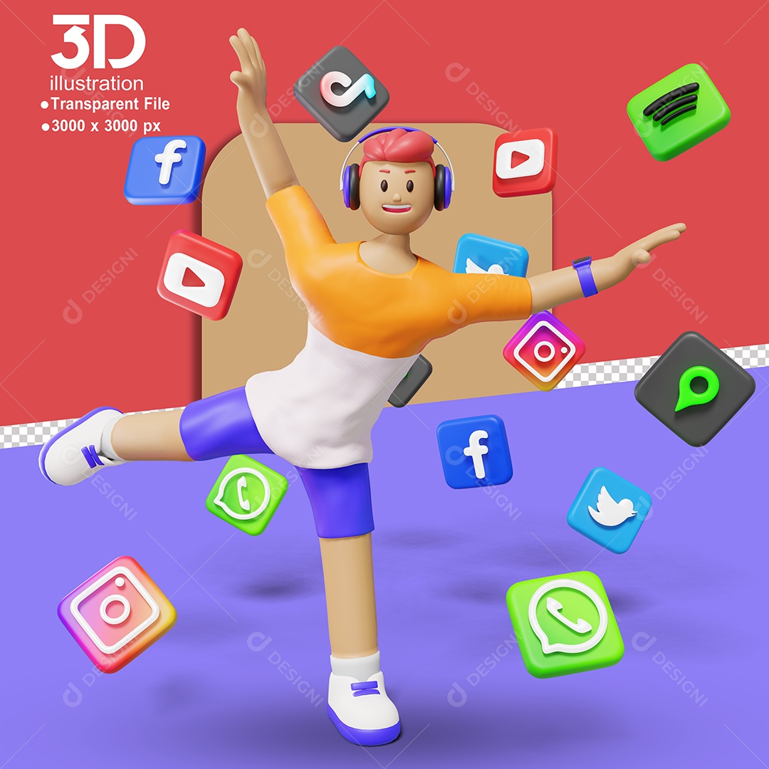 Personagem Com Vários Ícones de Redes Sociais Elemento 3D para Composição PSD