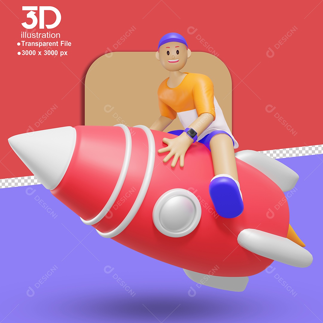 Personagem Sentado em Foguete Elemento 3D para Composição PSD