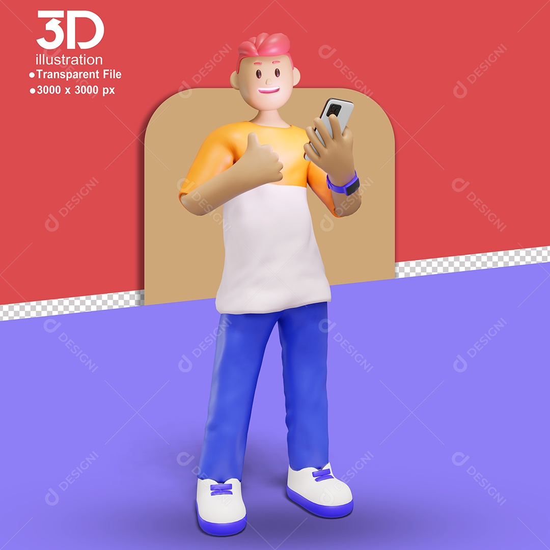 Personagem Feliz Mexendo no Celular Elemento 3D para Composição PSD