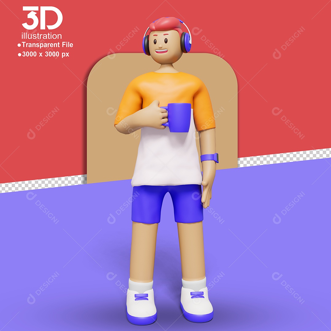 Personagem Com Xícara de café Elemento 3D para Composição PSD