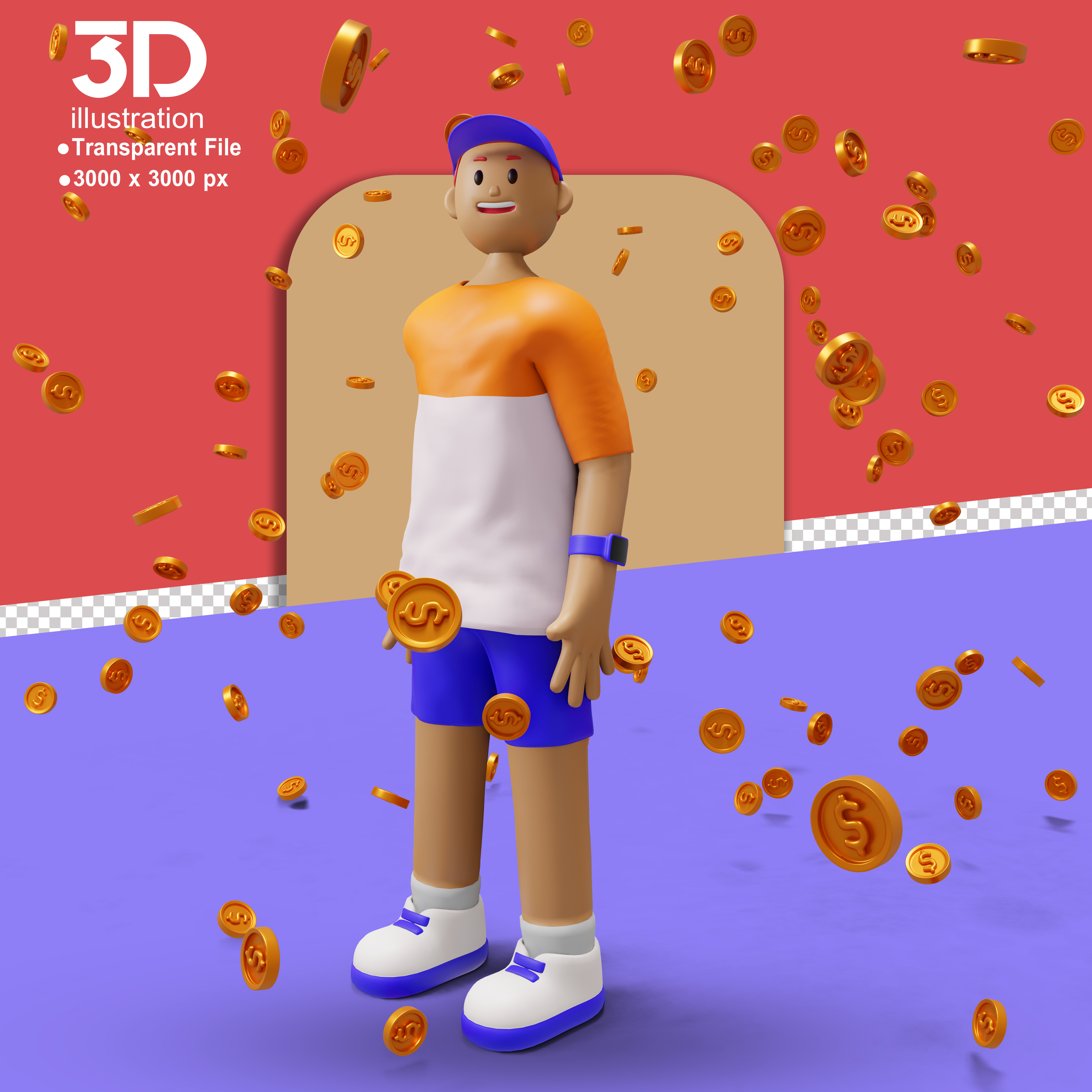 Personagem Feliz Rodeado de Moedas Elemento 3D para Composição PSD