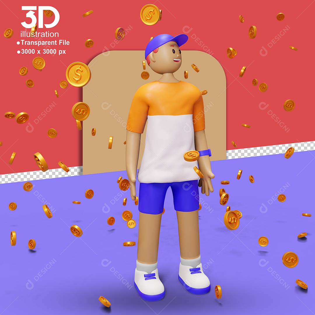 Personagem Rodeado de Moedas Elemento 3D para Composição PSD