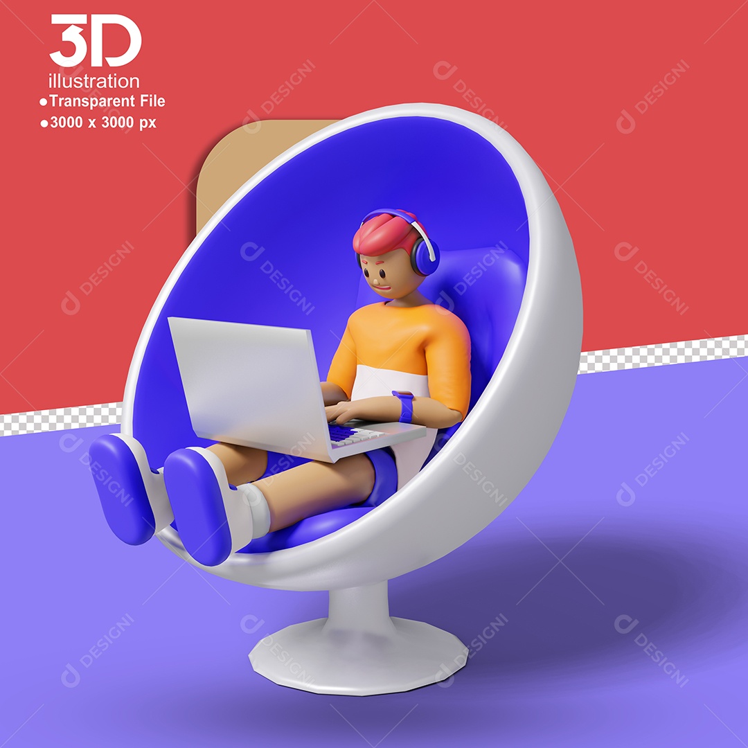 Personagem Mexendo em Notebook Elemento 3D para Composição PSD