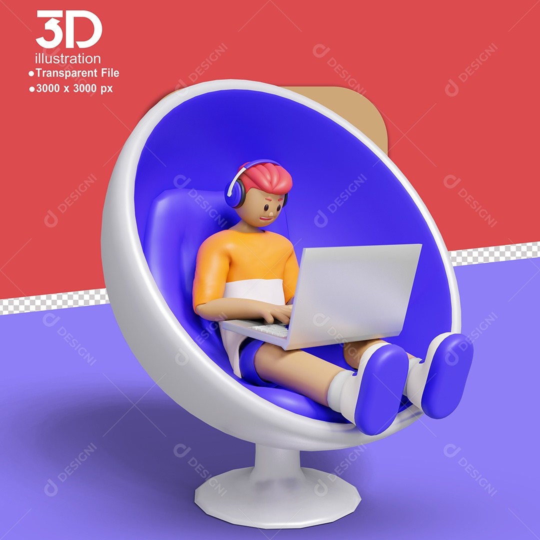 Personagem Sentado Mexendo em Notebook Elemento 3D para Composição PSD