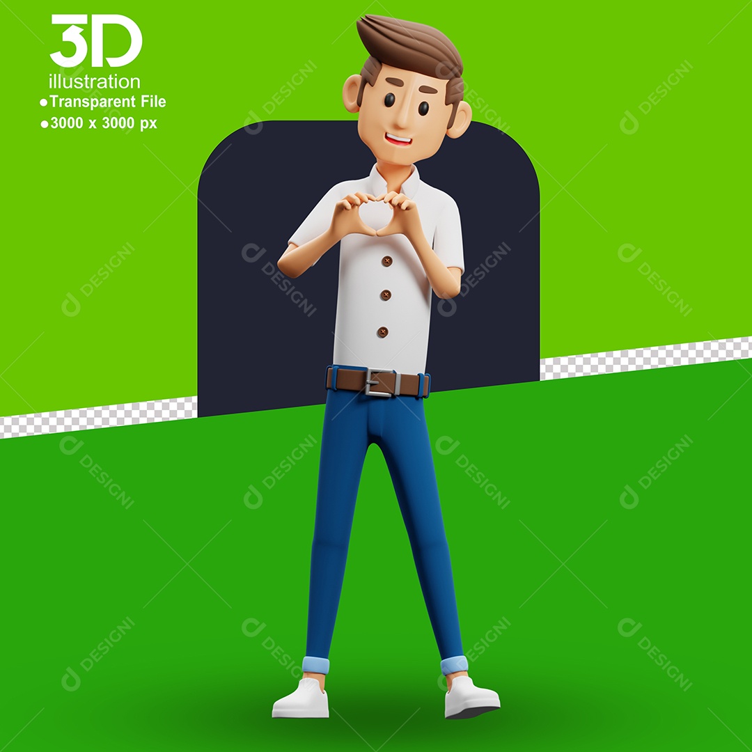 Personagem Fazendo Sinal de Coração com a Mãos Elemento 3D para Composição PSD