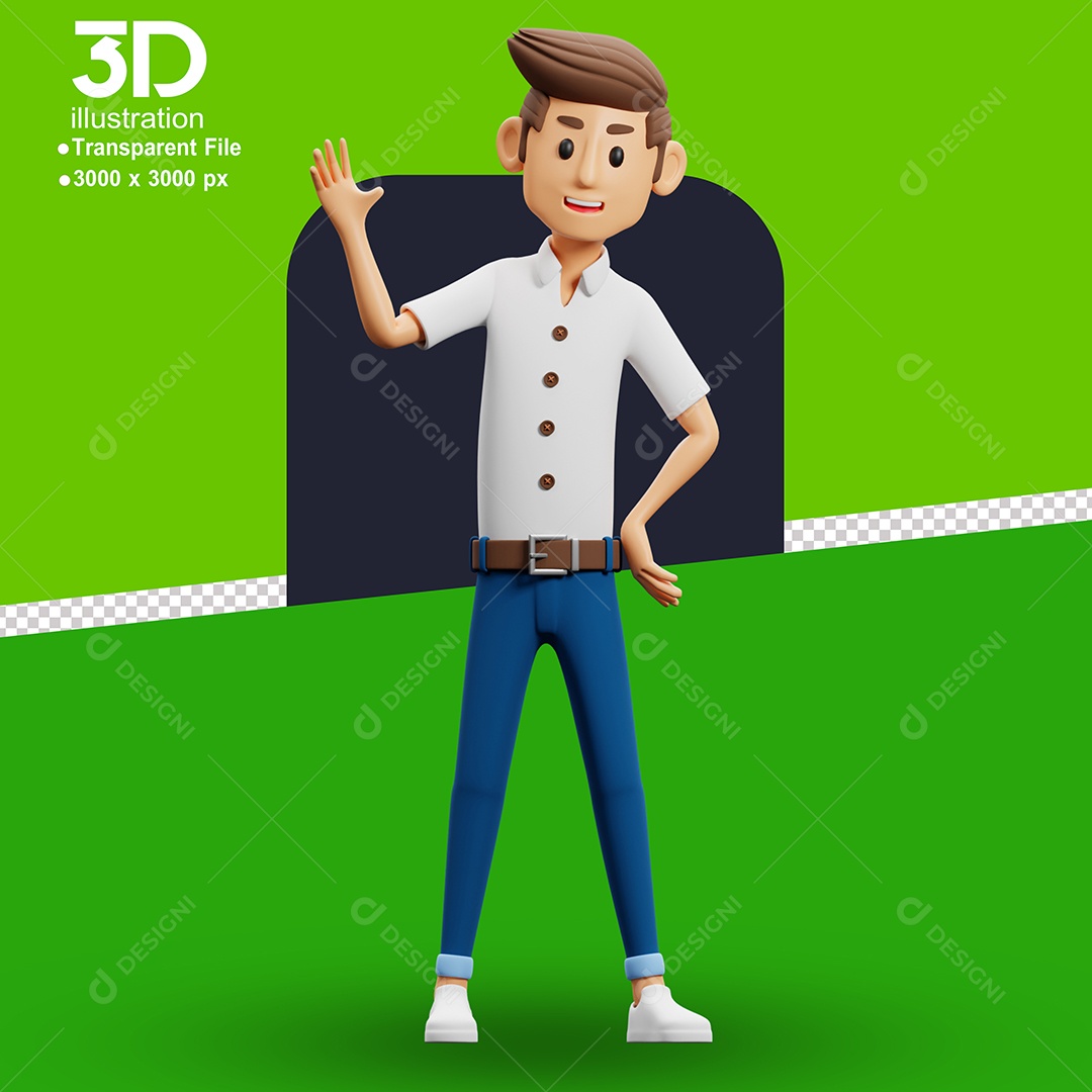 Personagem Feliz Dando Tchau Elemento 3D para Composição PSD