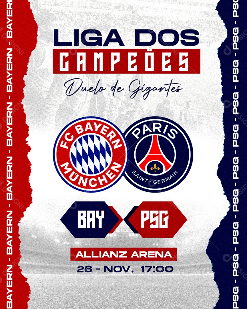 Flyer Ligas dos Campeões PSG x BAY  Social Media PSD Editável