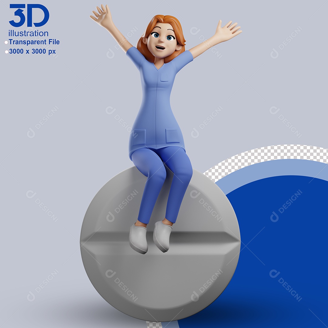 Enfermeira Sentada em Comprimido Elemento 3D para Composição PSD