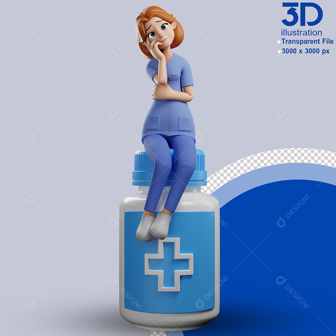 Enfermeira Sentada em Vidro de Remédio Elemento 3D para Composição PSD