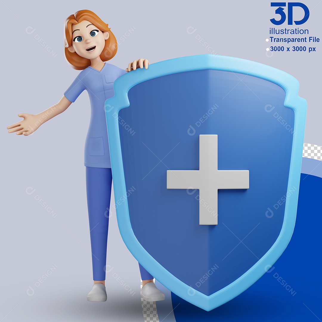 Enfermeira Atrás de Escudo Médico Elemento 3D para Composição PSD