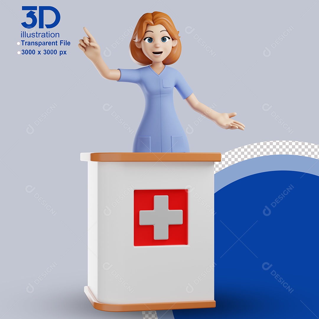 Recepcionista de Clinica Médica com Braço Erguido Elemento 3D para Composição PSD