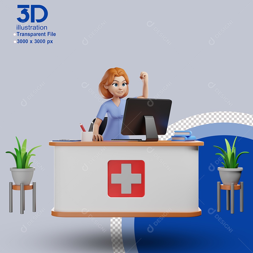 Recepcionista com Braço Erguido de Clinica Médica Elemento 3D para Composição PSD