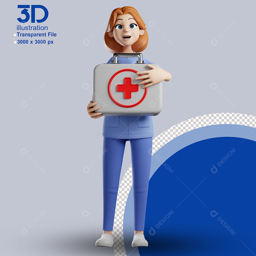 Enfermeira Segurando Maleta Médica Elemento 3D para Composição PSD