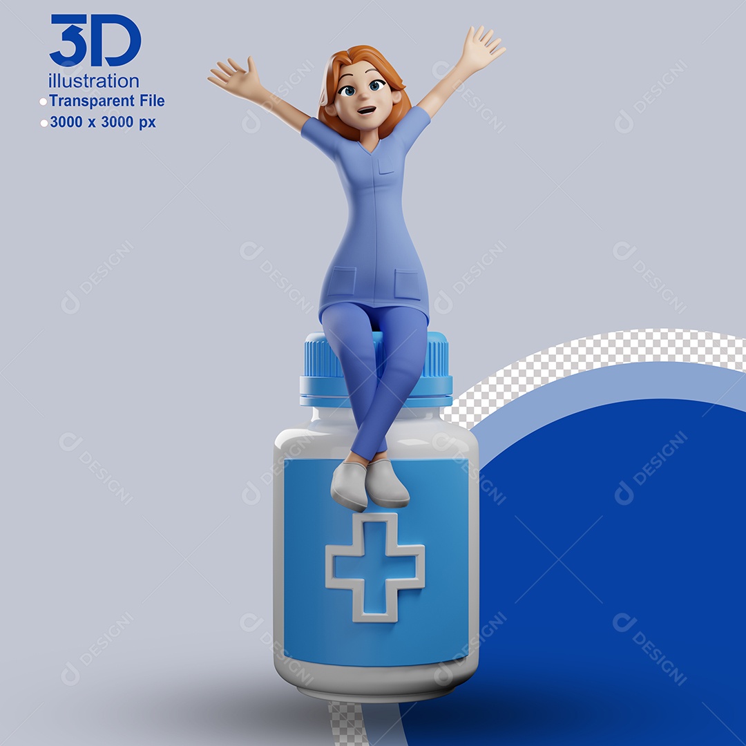 Enfermeira Sentada em Pote de Medicamento Elemento 3D para Composição PSD