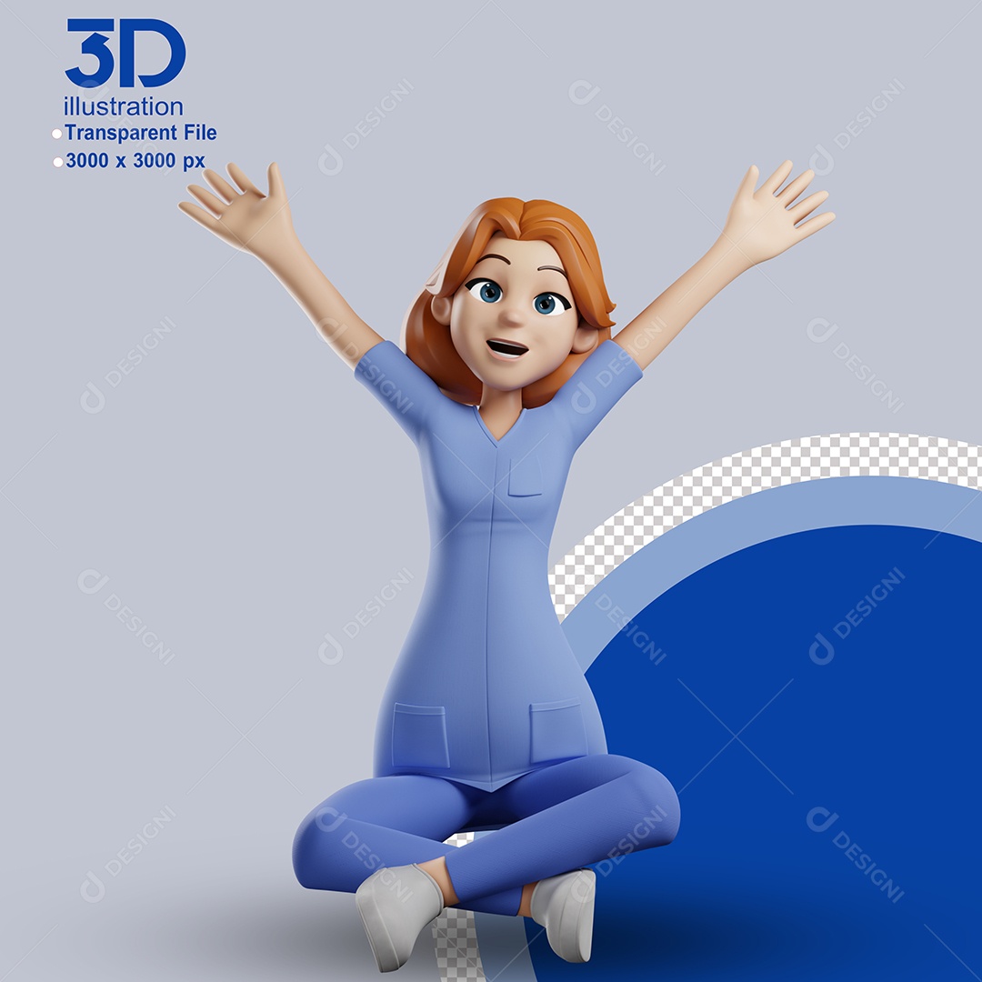 Enfermeira Sentada com Braços Levantados Elemento 3D para Composição PSD