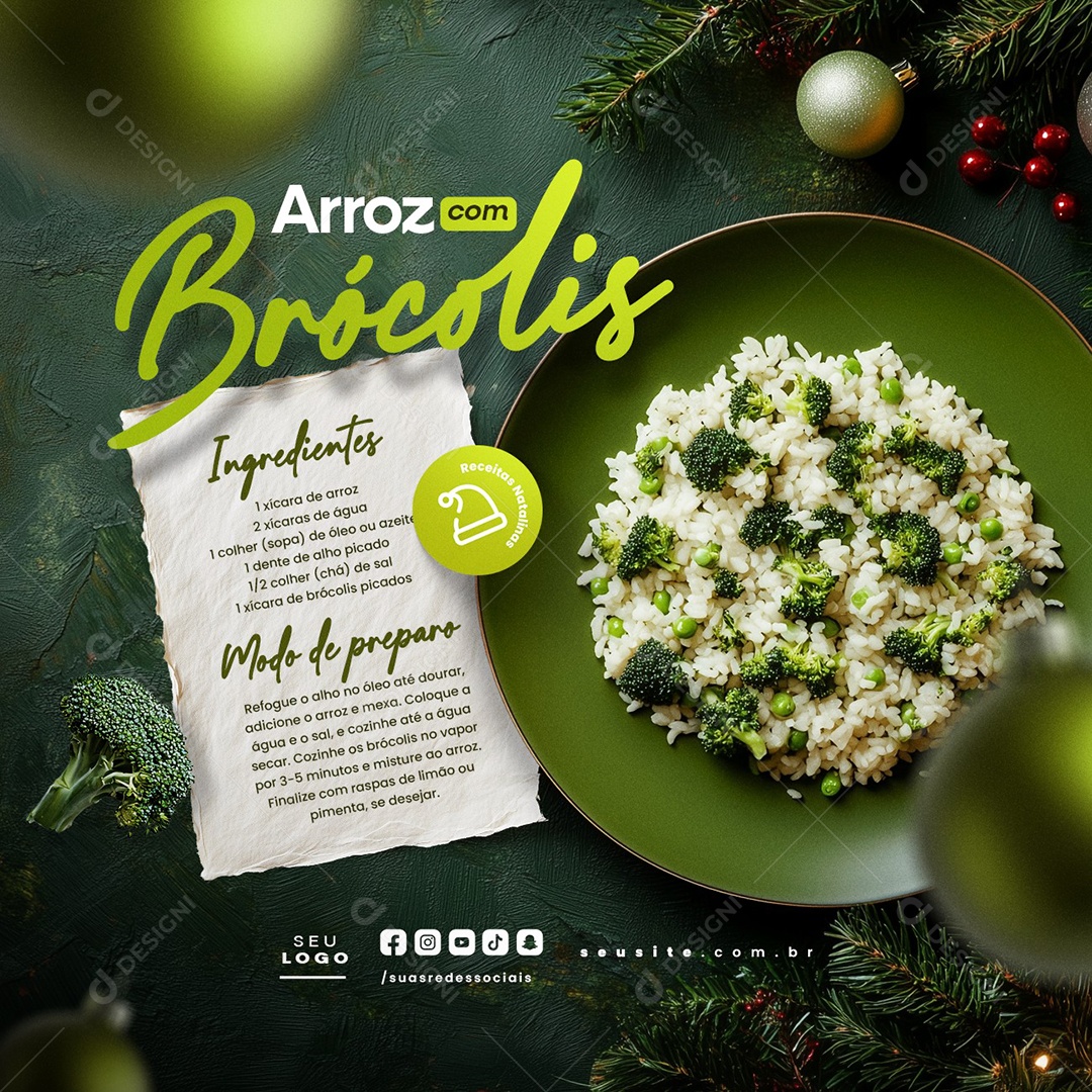 Dicas Comidas Natalinas Arroz com Brócolis Social Media PSD Editável
