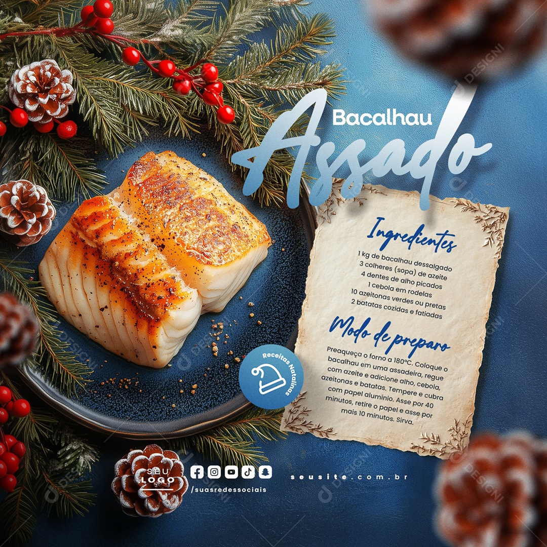 Dicas Comidas Natalinas Bacalhau Assado Social Media PSD Editável