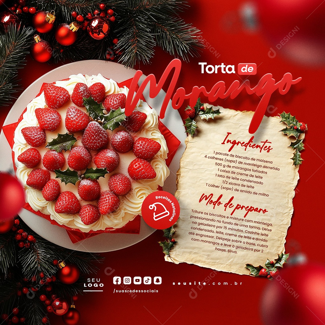 Dicas Comidas Natalinas Torta de Morango Social Media PSD Editável