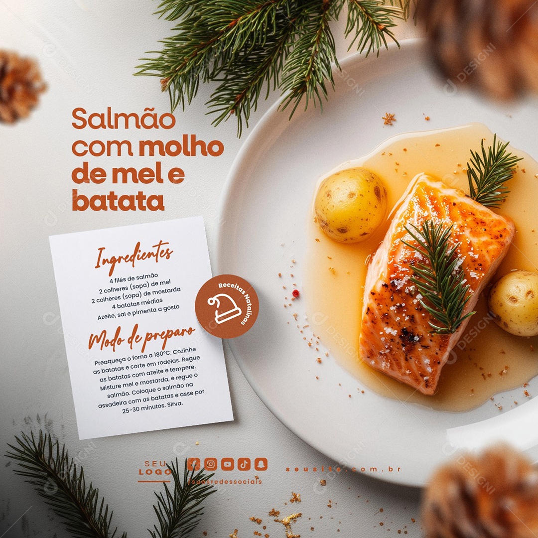 Dicas Comidas Natalinas Salmão com Molho de Mel e Batata Social Media PSD Editável