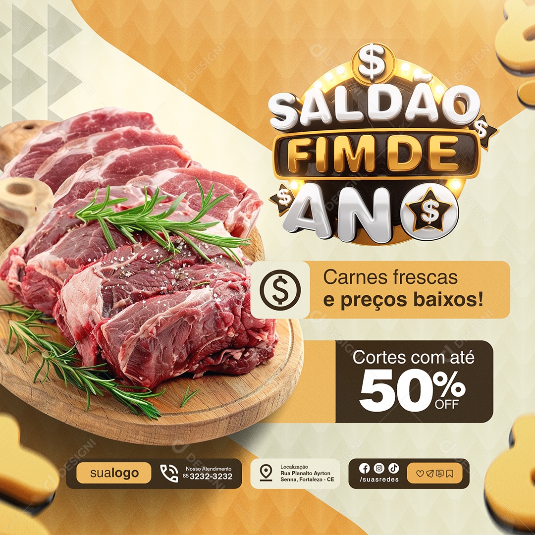 Saldão Fim de Ano Supermercado Carnes Frescas Social Media PSD Editável
