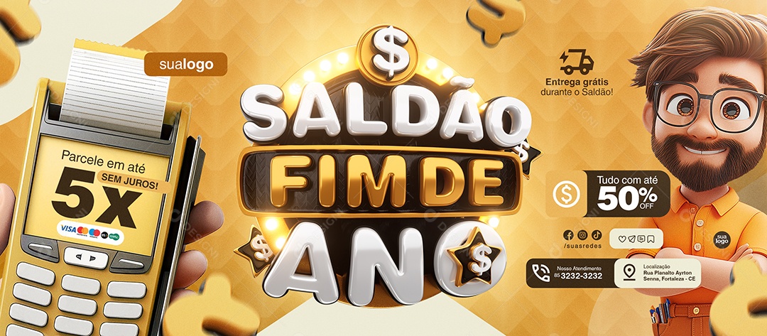 Banner Saldão Fim de Ano Supermercado Entrega Grátis Social Media PSD Editável