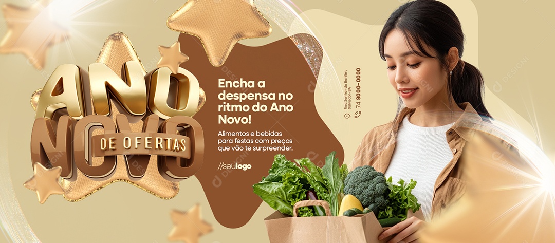 Banner Ano Novo de Ofertas Supermercado Hortifruti Social Media PSD Editável