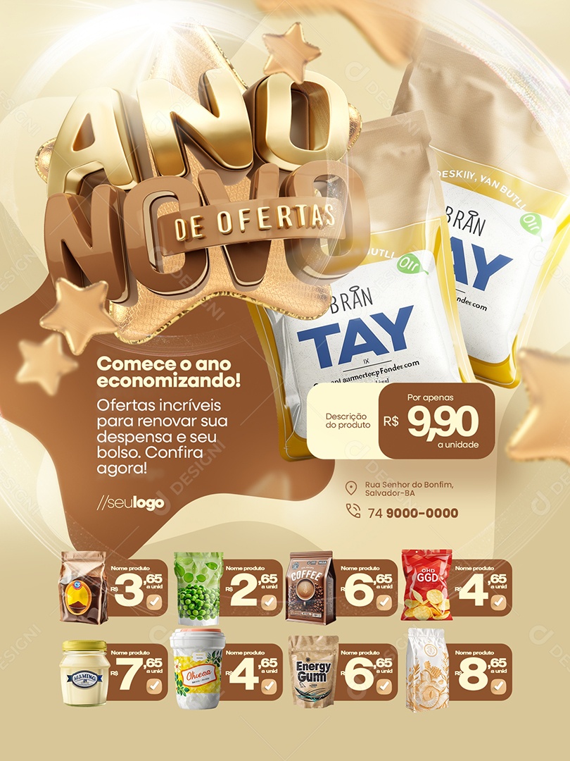 Ano Novo de Ofertas Supermercado Encarte Comece o Ano Economizando Social Media PSD Editável