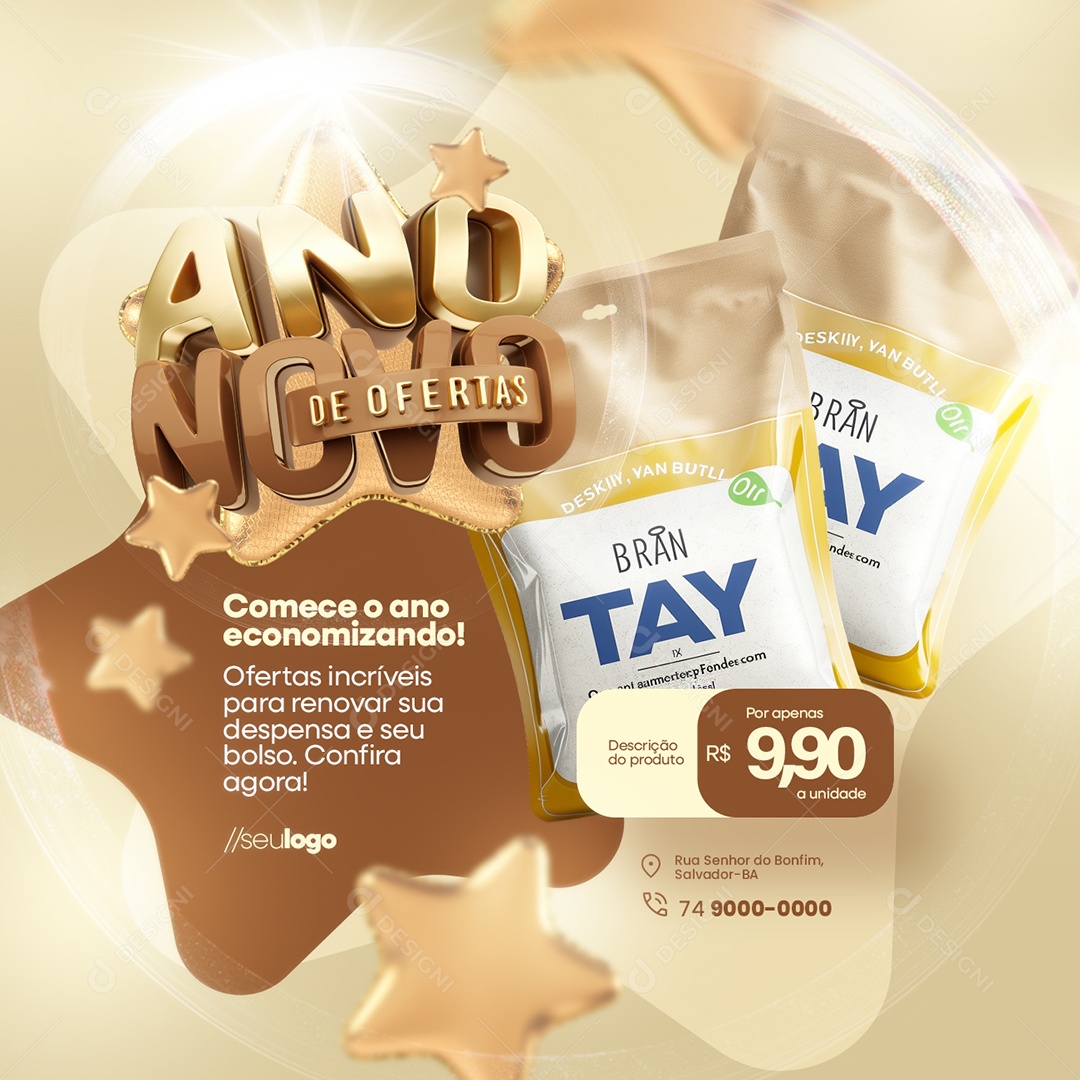 Ano Novo de Ofertas Supermercado Comece o Ano Economizando Social Media PSD Editável