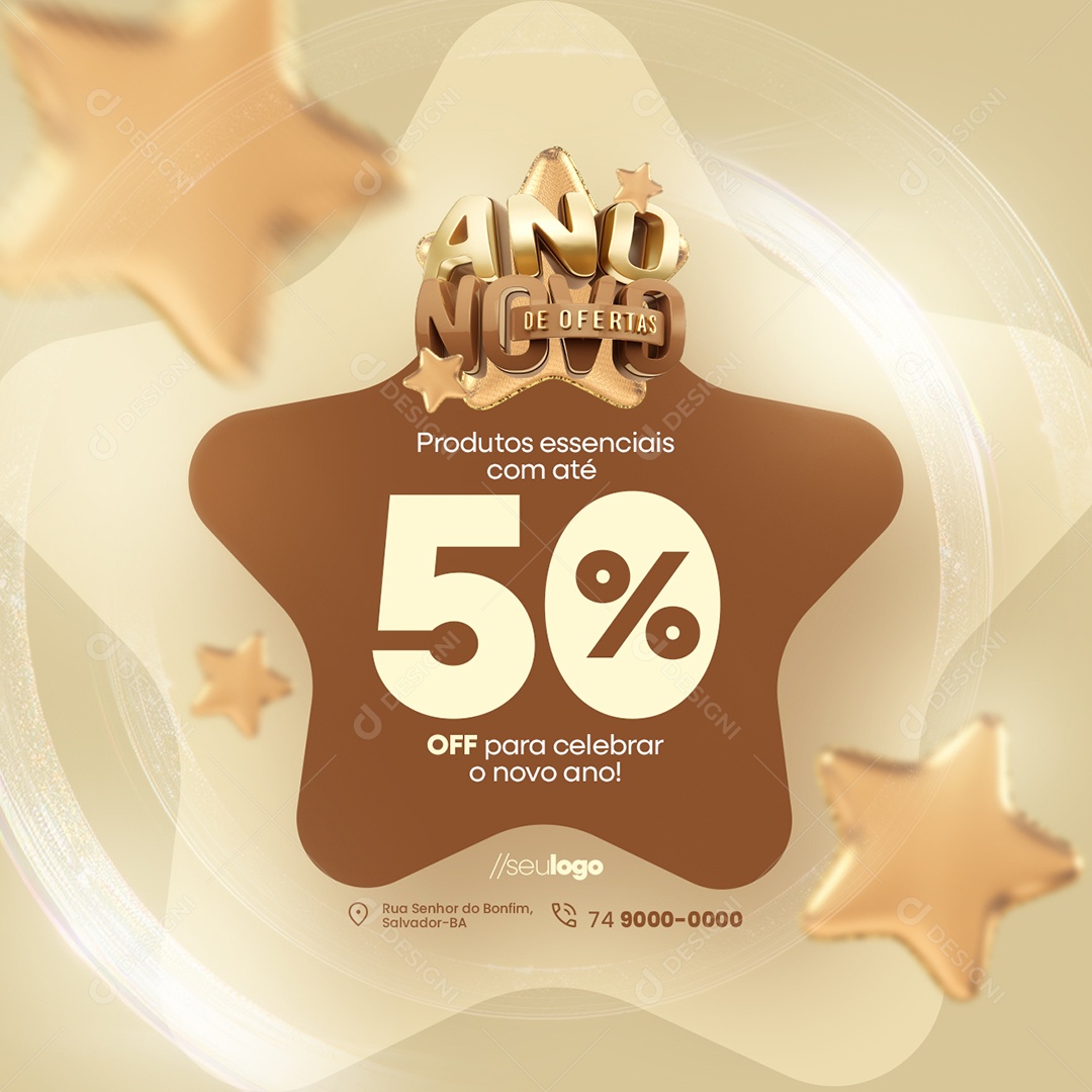 Ano Novo de Ofertas Supermercado Produtos Essenciais com Até 50% Off Social Media PSD Editável