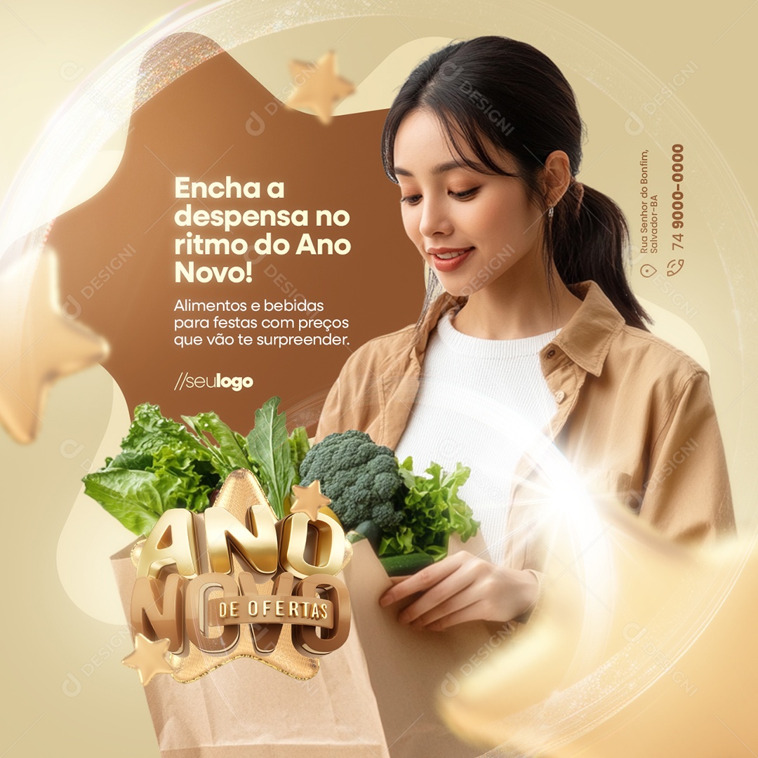 Ano Novo de Ofertas Supermercado Hortifruti Social Media PSD Editável