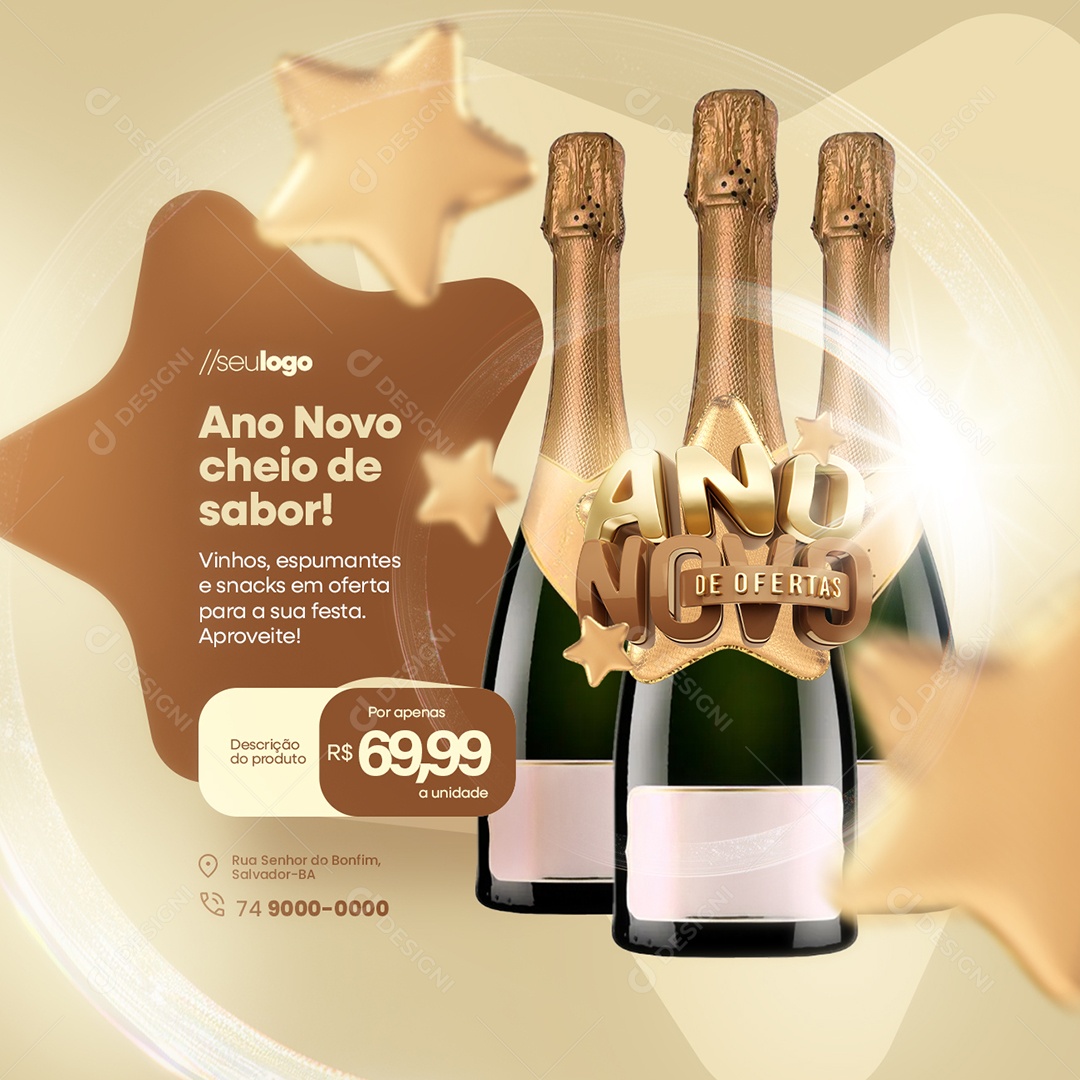 Ano Novo de Ofertas Supermercado Vinhos Espumantes Social Media PSD Editável