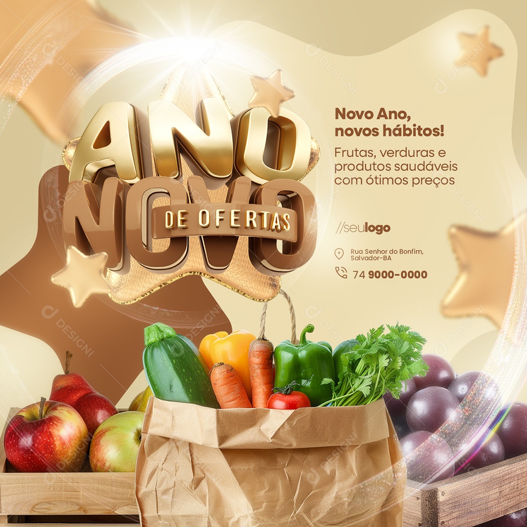 Ano Novo de Ofertas Supermercado Hortifruti Novo Ano Social Media PSD Editável