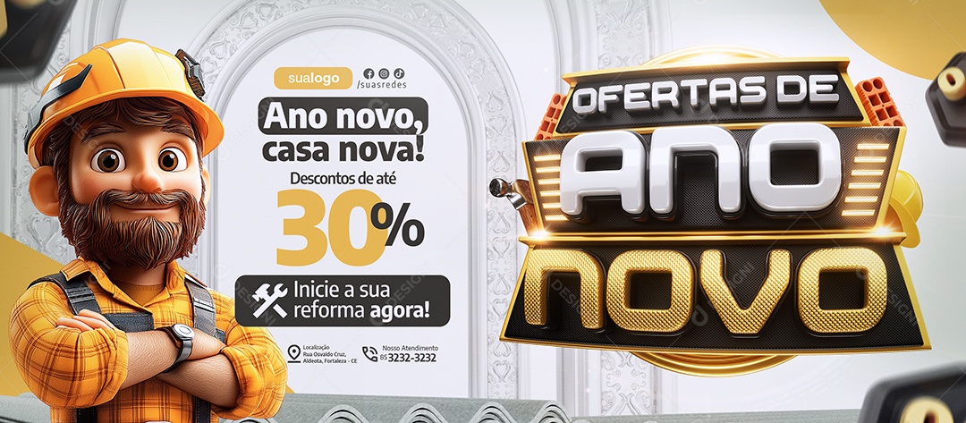 Banner Construção Ofertas de Ano Novo Social Media PSD Editável