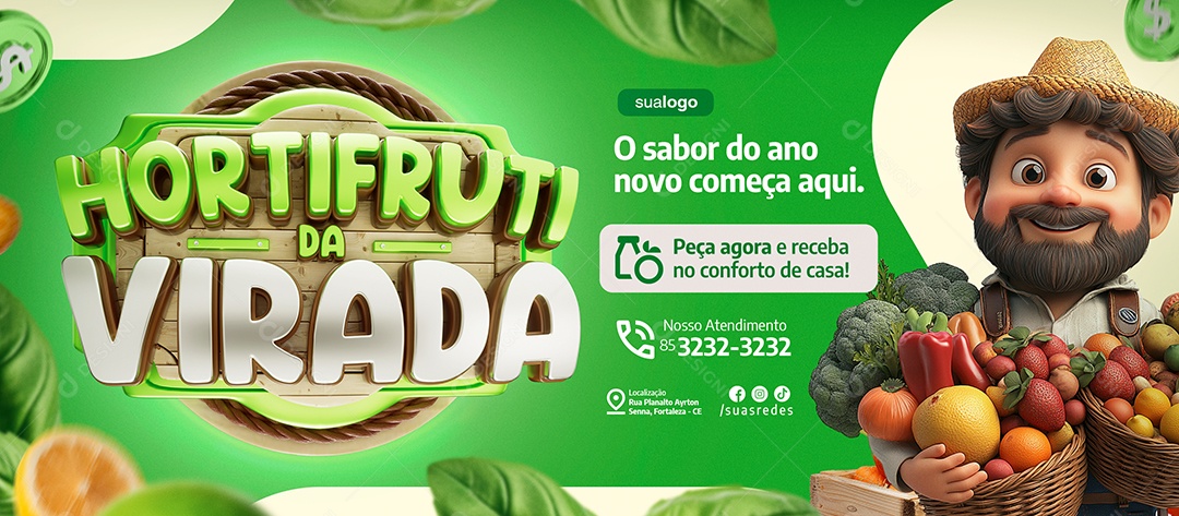 Banner Hortifruti Da Virada O Sabor do Ano Novo Social Media PSD Editável