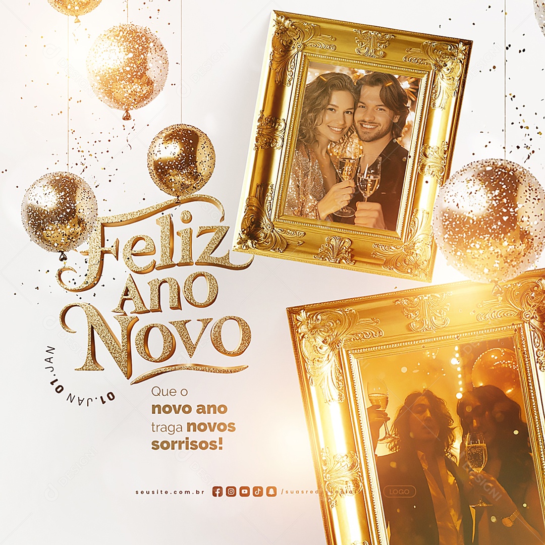Feliz Ano Novo 01 de Janeiro Traga Novos Sorrisos Social Media PSD Editável