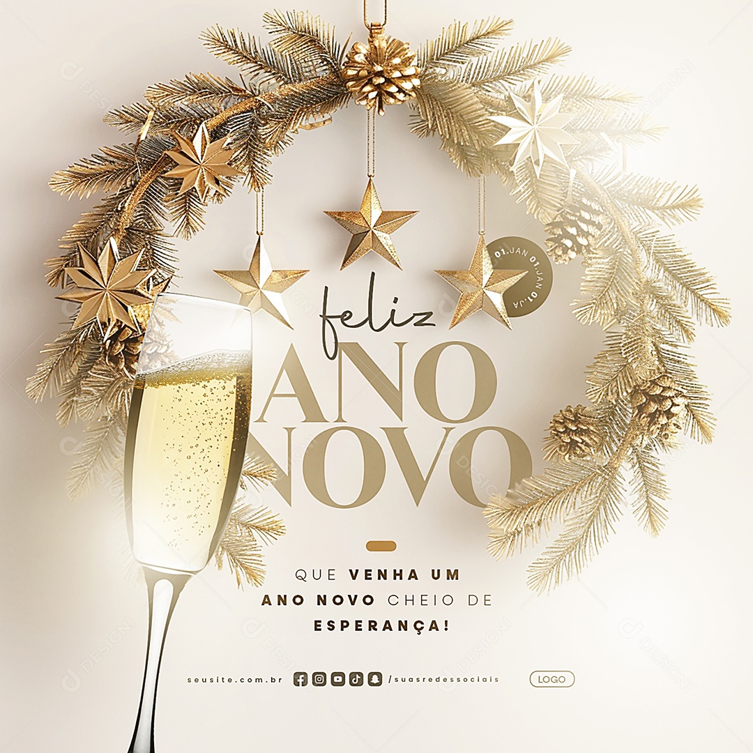 Feliz Ano Novo 01 de Janeiro Cheio de Esperança Social Media PSD Editável