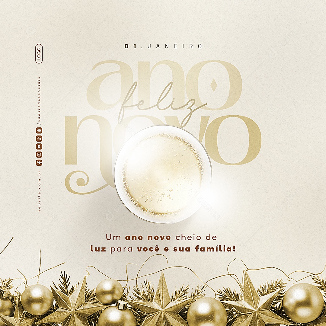 Feliz Ano Novo 01 de Janeiro Cheio de Luz Social Media PSD Editável