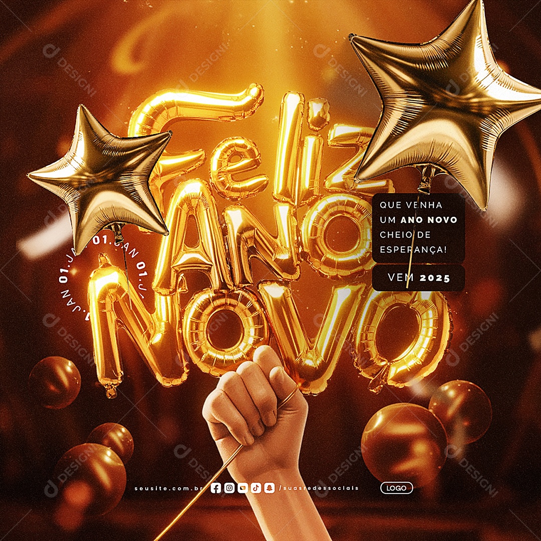 Feliz Ano Novo 01 de Janeiro Vem 2025 Social Media PSD Editável