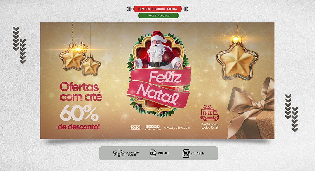 Ofertas Com Até 60% Feliz Natal Social Media PSD Editável