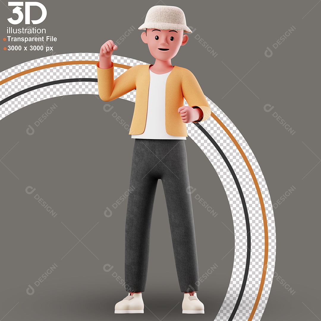 Personagem de Chapéu e Jaqueta Laranja Elemento 3D para Composição PSD