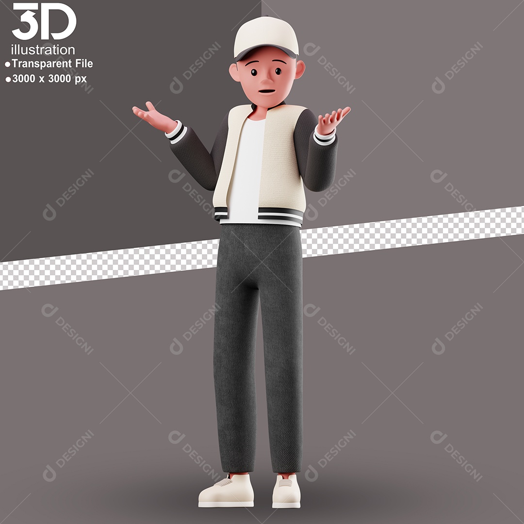 Personagem de Boné Com Expressão de Questionamento Elemento 3D para Composição PSD