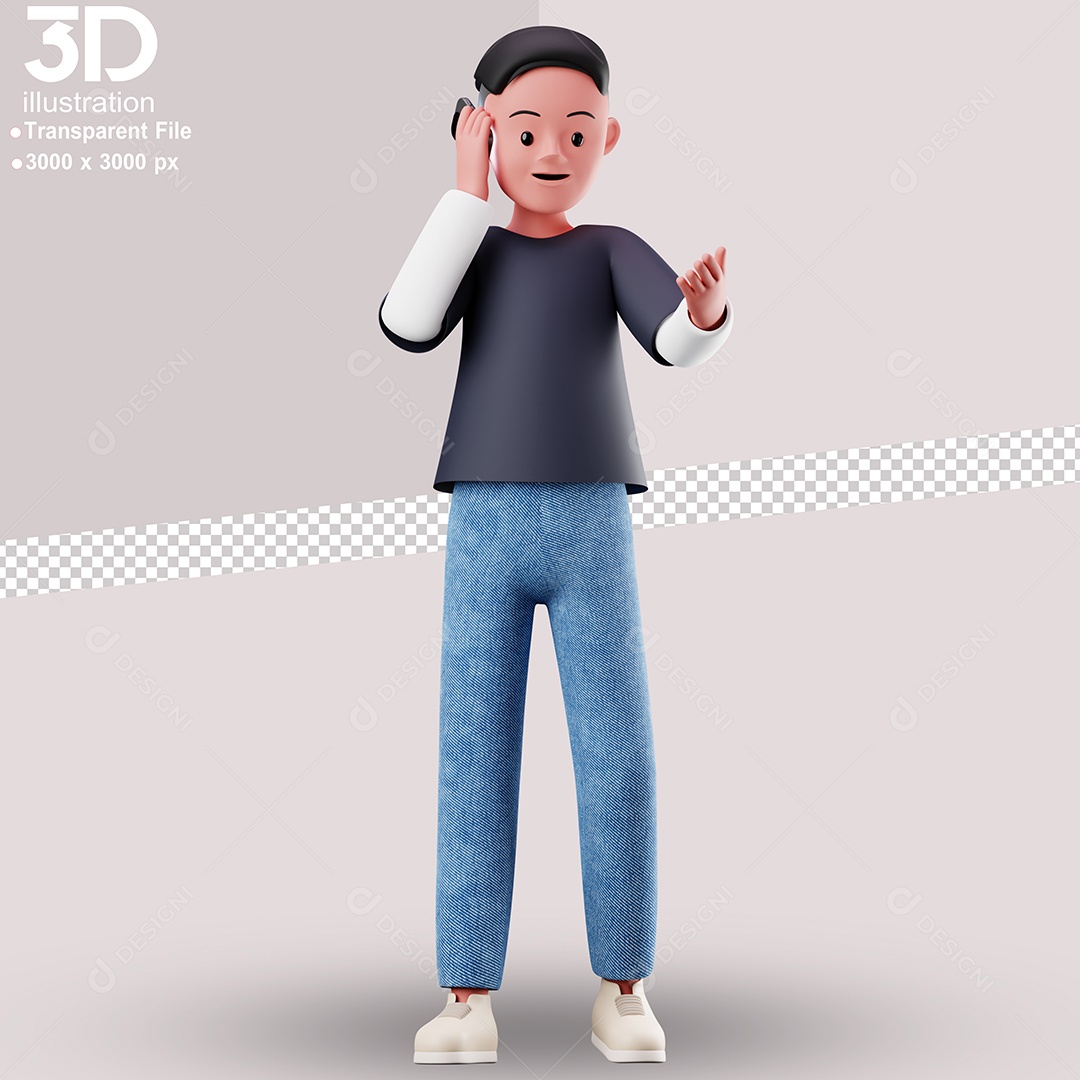 Personagem Feliz Falando em Telefone Elemento 3D para Composição PSD