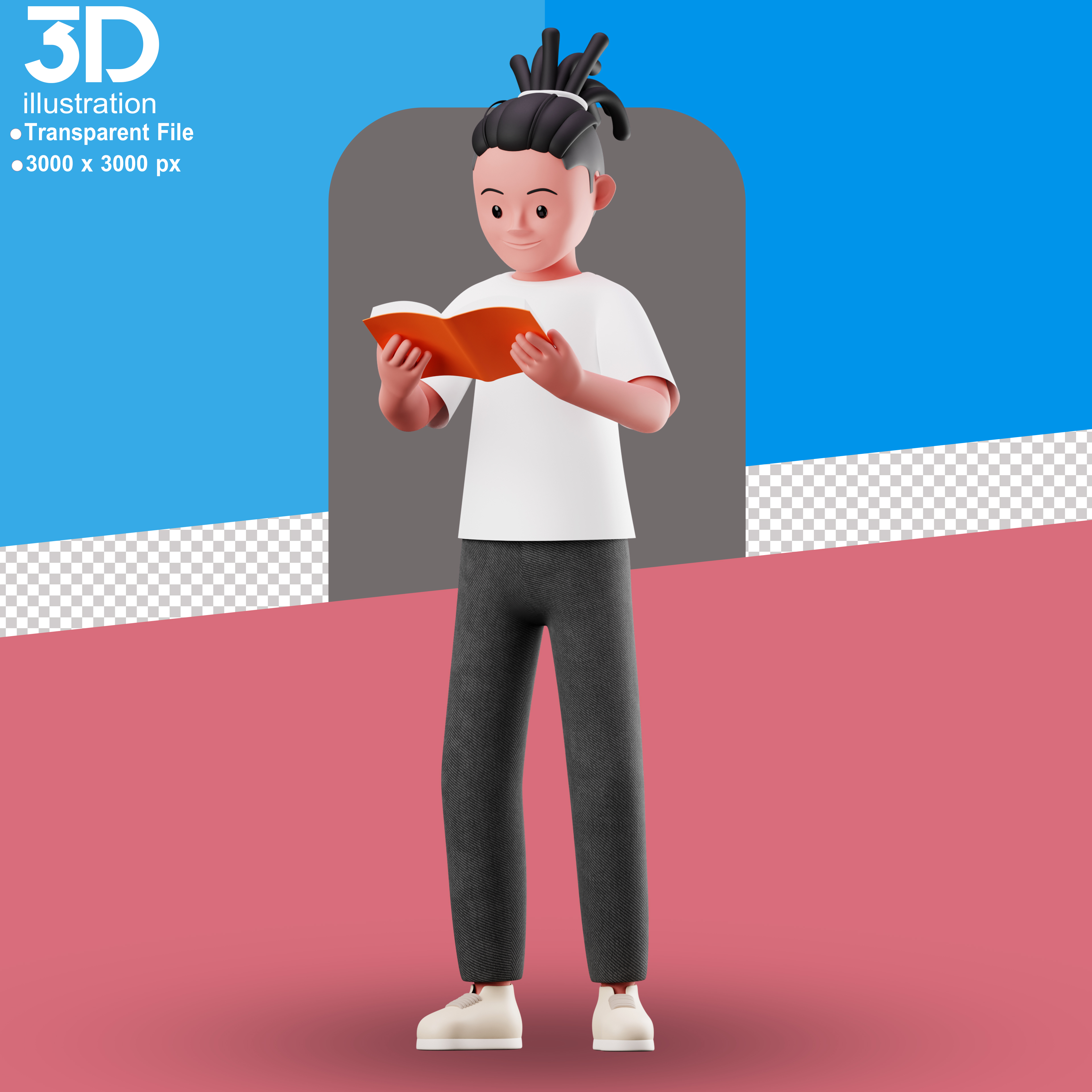 Personagem Lendo Livro Elemento 3D para Composição PSD